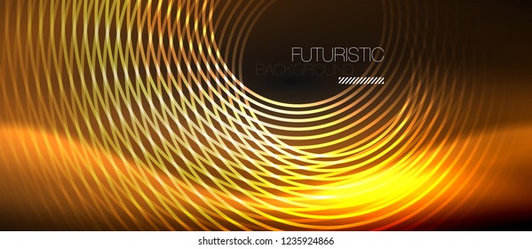 Dark abstract background with glowing neon circles, vector