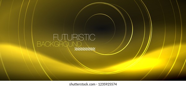 Dark abstract background with glowing neon circles, vector