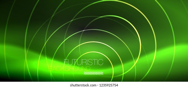 Dark abstract background with glowing neon circles, vector