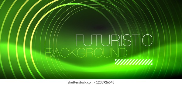 Fondo abstracto oscuro con círculos de neón brillantes, vector