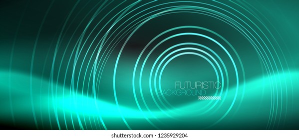 Dark abstract background with glowing neon circles, vector