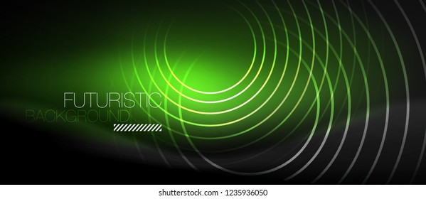 Dark abstract background with glowing neon circles, vector