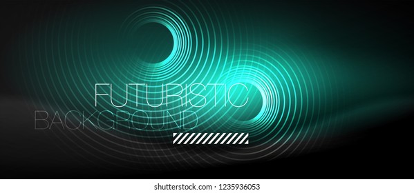 Dark abstract background with glowing neon circles, vector