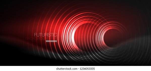 Dark abstract background with glowing neon circles, vector