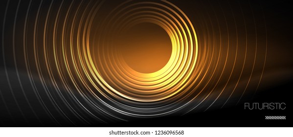 Dark abstract background with glowing neon circles, vector