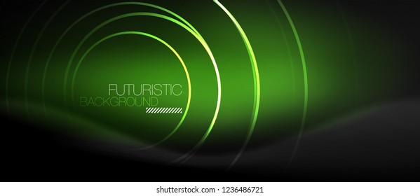 Dark abstract background with glowing neon circles, vector