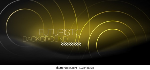Fondo abstracto oscuro con círculos de neón brillantes, vector