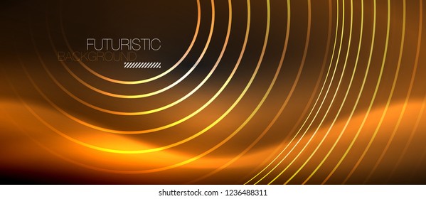 Dark abstract background with glowing neon circles, vector