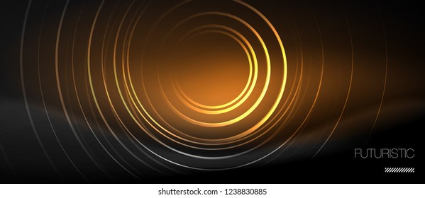 Dark abstract background with glowing neon circles, vector