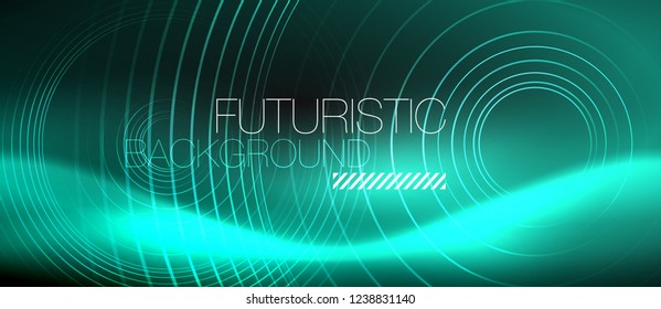Dark abstract background with glowing neon circles, vector