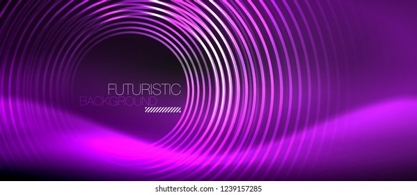 Fondo abstracto oscuro con círculos de neón brillantes, vector