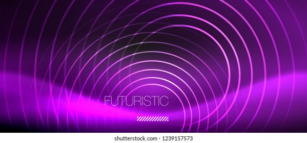 Dark abstract background with glowing neon circles, vector