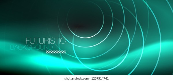 Dark abstract background with glowing neon circles, vector