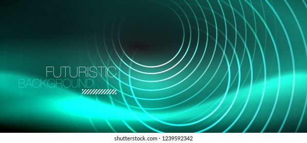 Dark abstract background with glowing neon circles, vector
