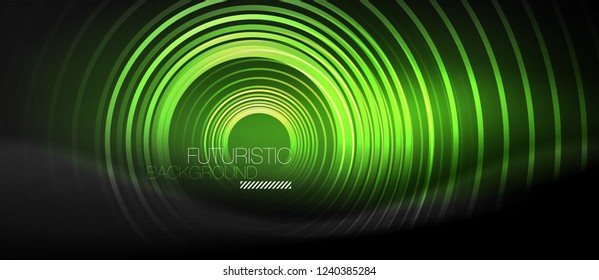 Dark abstract background with glowing neon circles, vector