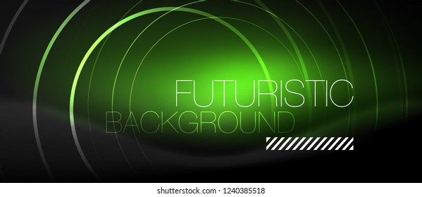 Dark abstract background with glowing neon circles, vector