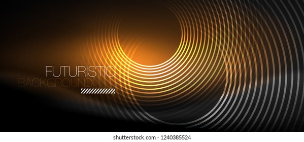 Dark abstract background with glowing neon circles, vector