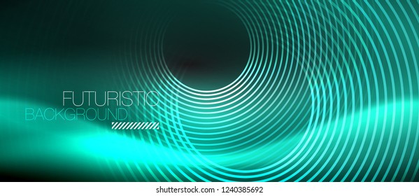 Fondo abstracto oscuro con círculos de neón brillantes, vector
