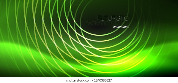 Dark abstract background with glowing neon circles, vector