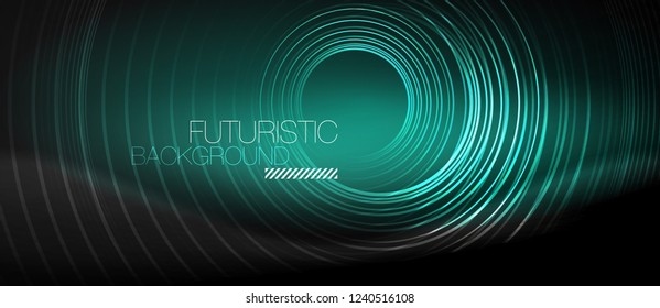 Dark abstract background with glowing neon circles, vector