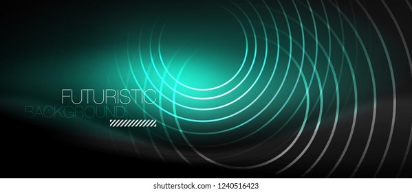 Fondo abstracto oscuro con círculos de neón brillantes, vector