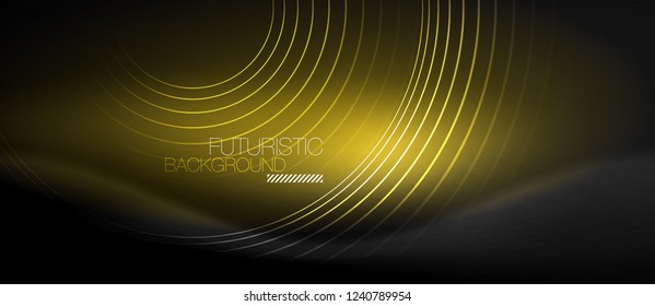 Fondo abstracto oscuro con círculos de neón brillantes, vector