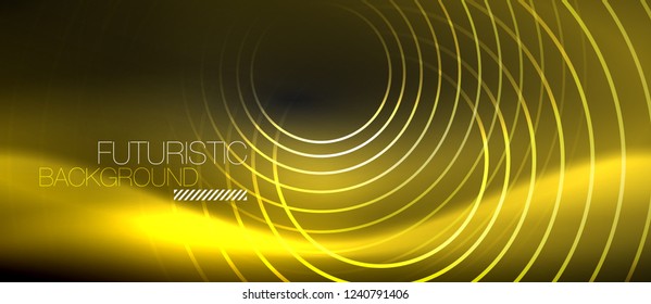 Dark abstract background with glowing neon circles, vector