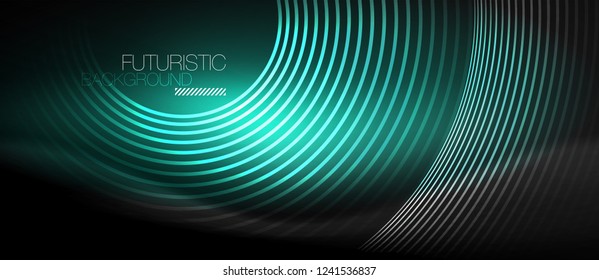 Dark abstract background with glowing neon circles, vector