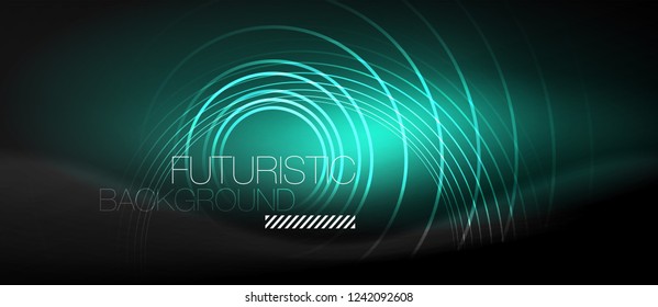 Dark abstract background with glowing neon circles, vector