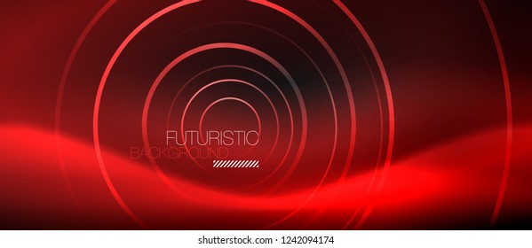Dark abstract background with glowing neon circles, vector