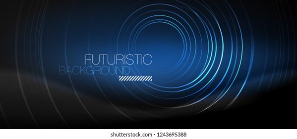 Dark abstract background with glowing neon circles, vector