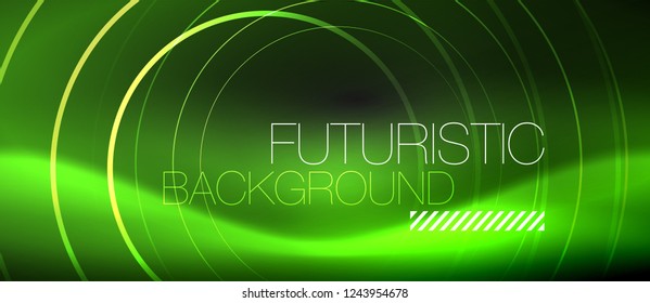 Fondo abstracto oscuro con círculos de neón brillantes, vector