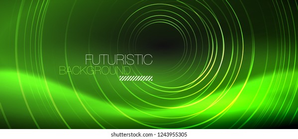 Dunkel abstrakter Hintergrund mit leuchtenden Neonkreisen, Vektorgrafik