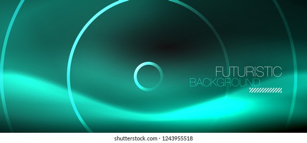 Dark abstract background with glowing neon circles, vector
