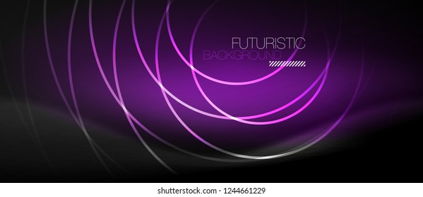 Dark abstract background with glowing neon circles, vector