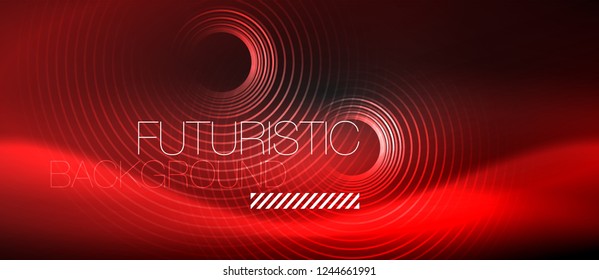 Dark abstract background with glowing neon circles, vector