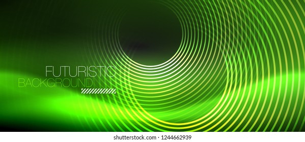 Fondo abstracto oscuro con círculos de neón brillantes, vector