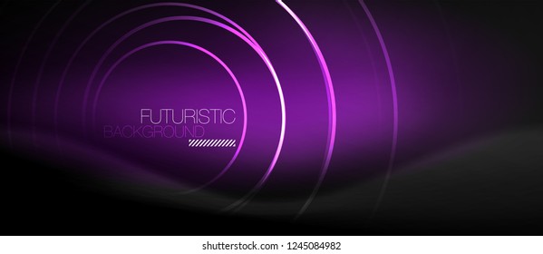 Dark abstract background with glowing neon circles, vector