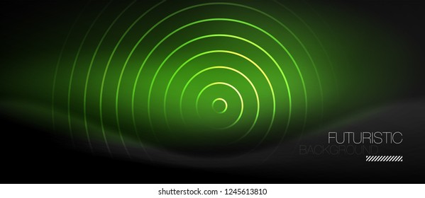 Dark abstract background with glowing neon circles, vector