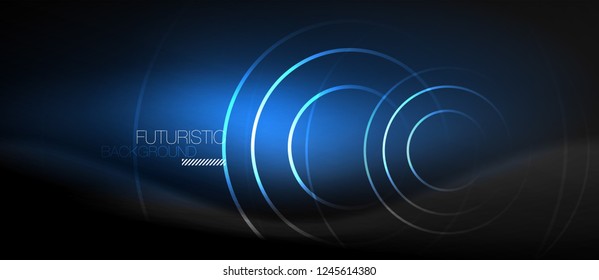Dark abstract background with glowing neon circles, vector