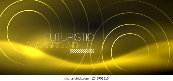 Dark abstract background with glowing neon circles, vector