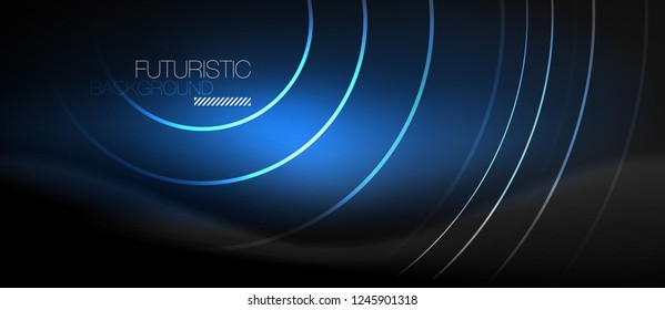Dark abstract background with glowing neon circles, vector