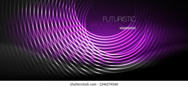 Dark abstract background with glowing neon circles, vector