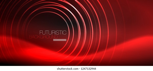 Dark abstract background with glowing neon circles, vector