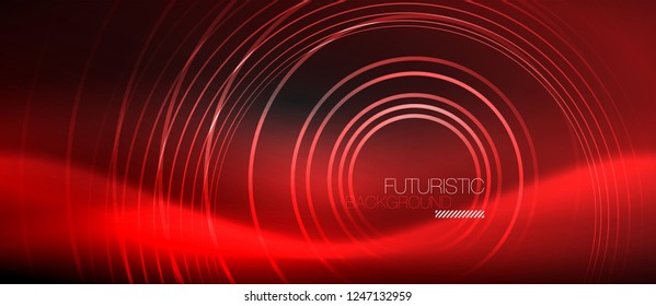 Dark abstract background with glowing neon circles, vector