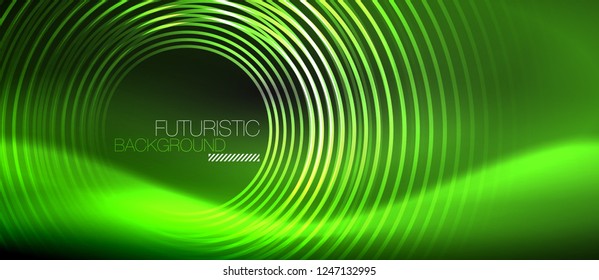 Dark abstract background with glowing neon circles, vector