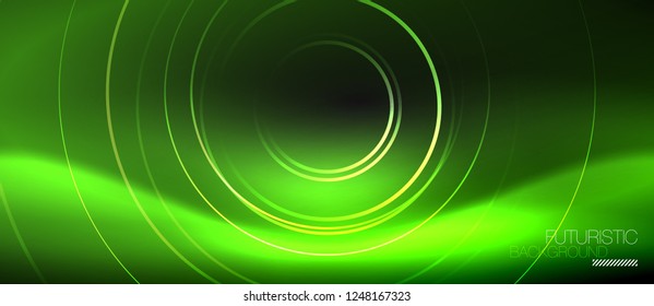 Fondo abstracto oscuro con círculos de neón brillantes, vector