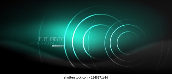 Dark abstract background with glowing neon circles, vector