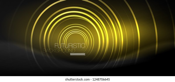 Dark abstract background with glowing neon circles, vector