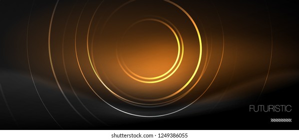 Dark abstract background with glowing neon circles, vector